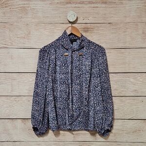 Banana Republic Floral Print Tie Neck Top Blouse with Puff Sleeves Medium Blue